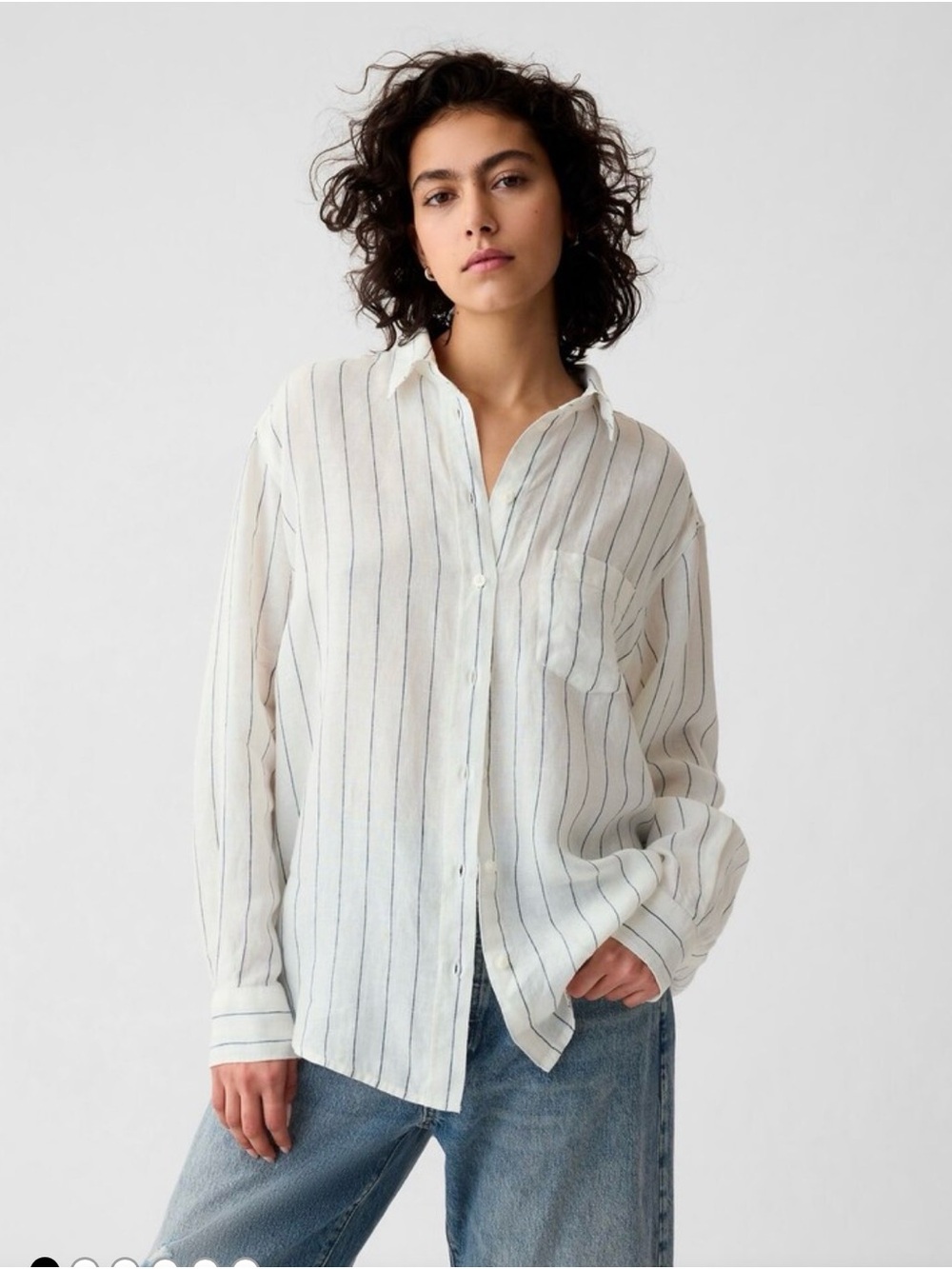 NWOT GAP 100% Linen Oversized White Button-Down Shirt with Thin Navy Stripes